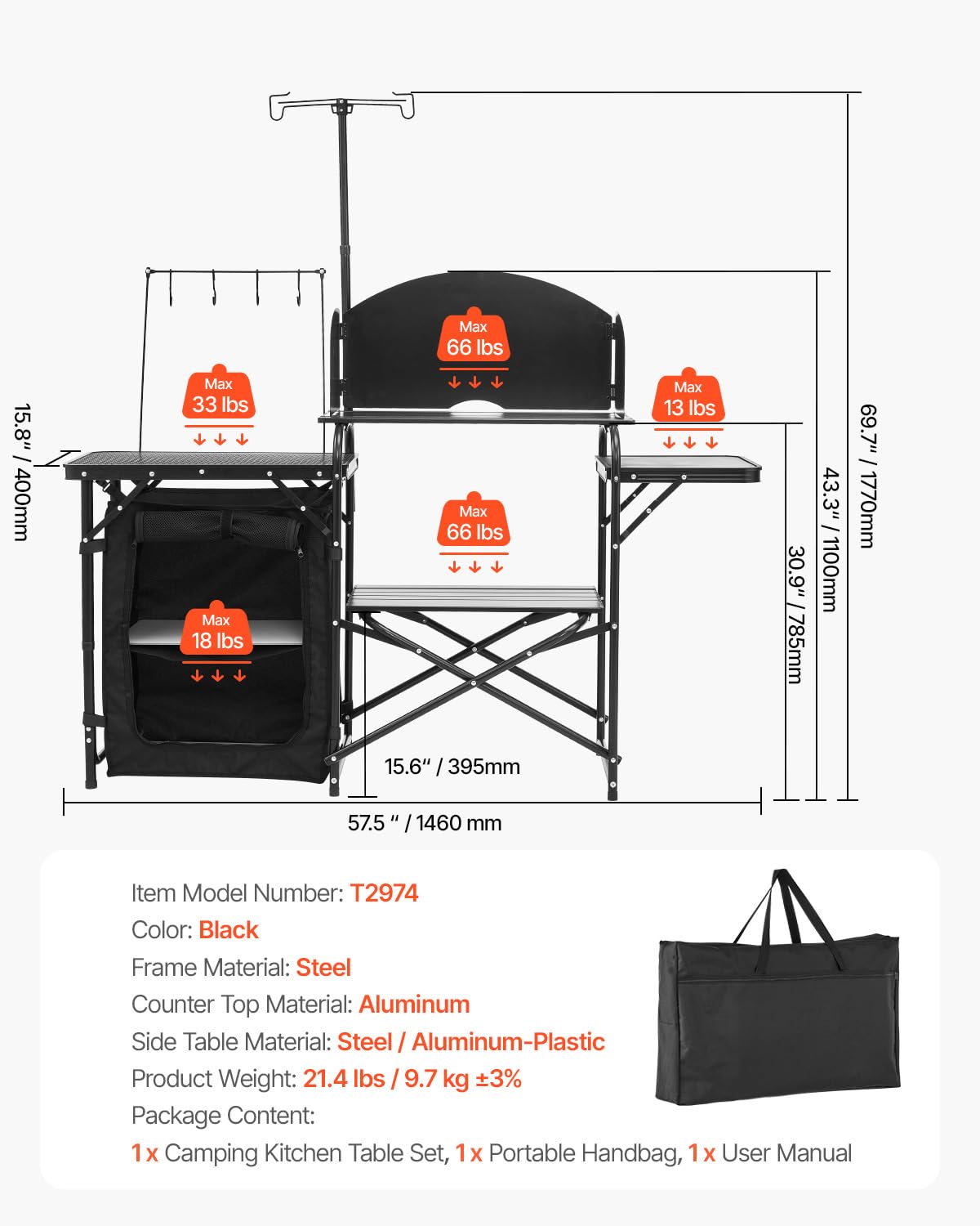 VEVOR Mesa de Cocina para Acampar al Aire Libre, de Aluminio, con Armario de Almacenamiento, Bolsa de Transporte, Parabrisas Desmontable, Apto para Barbacoa, Fiesta, Pícnic, Viajes en RV, Negro