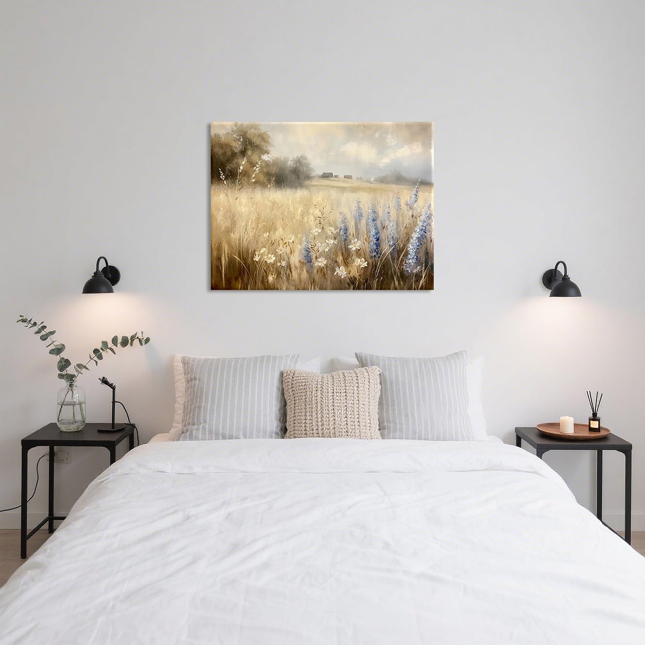 Framed Vintage Canvas Wall Art, Rustic Landscape Painting with Flowers and Meadow Field, Farmhouse Cottagecore Decor for Living Room, Bedroom, Bathroom, Office, Ready to Hang