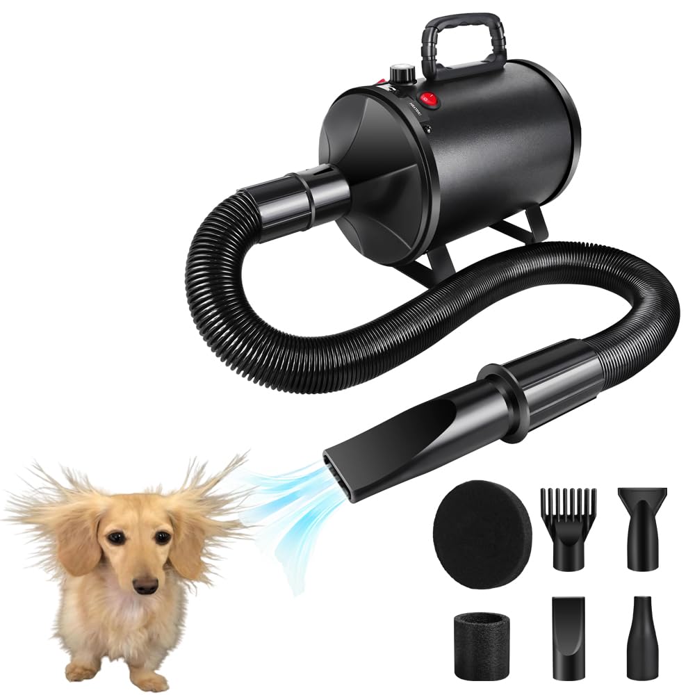 Hundefön Blower 3500W haartrockner Sehr Leise Blower Hundefön Einstellbare Geschwindigkeit 4 Düsen Pet Dryer Grooming Fön für Haustiere Haustier Hundepflege Trockner Hundetrockner Gebläse für Hunde