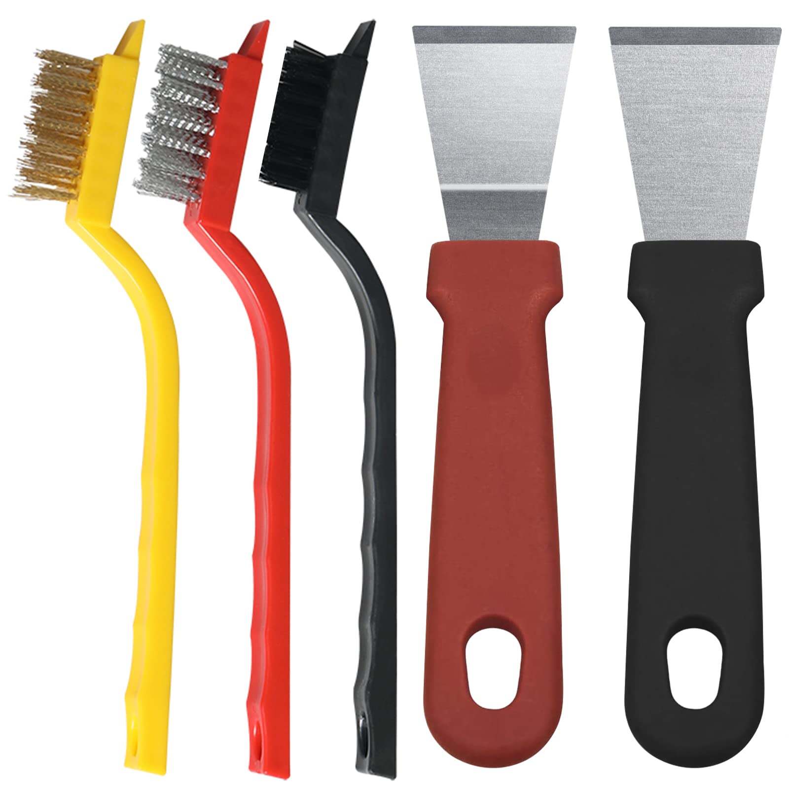 Wire Brush with Putty Knives 5 Packs, Tryoubst Multipurpose Brass/Stainless Steel/Nylon Wire Brushes for Cleaning Rust and Heavy Dirt, Window Scraper Tool Glass Scraper Remover
