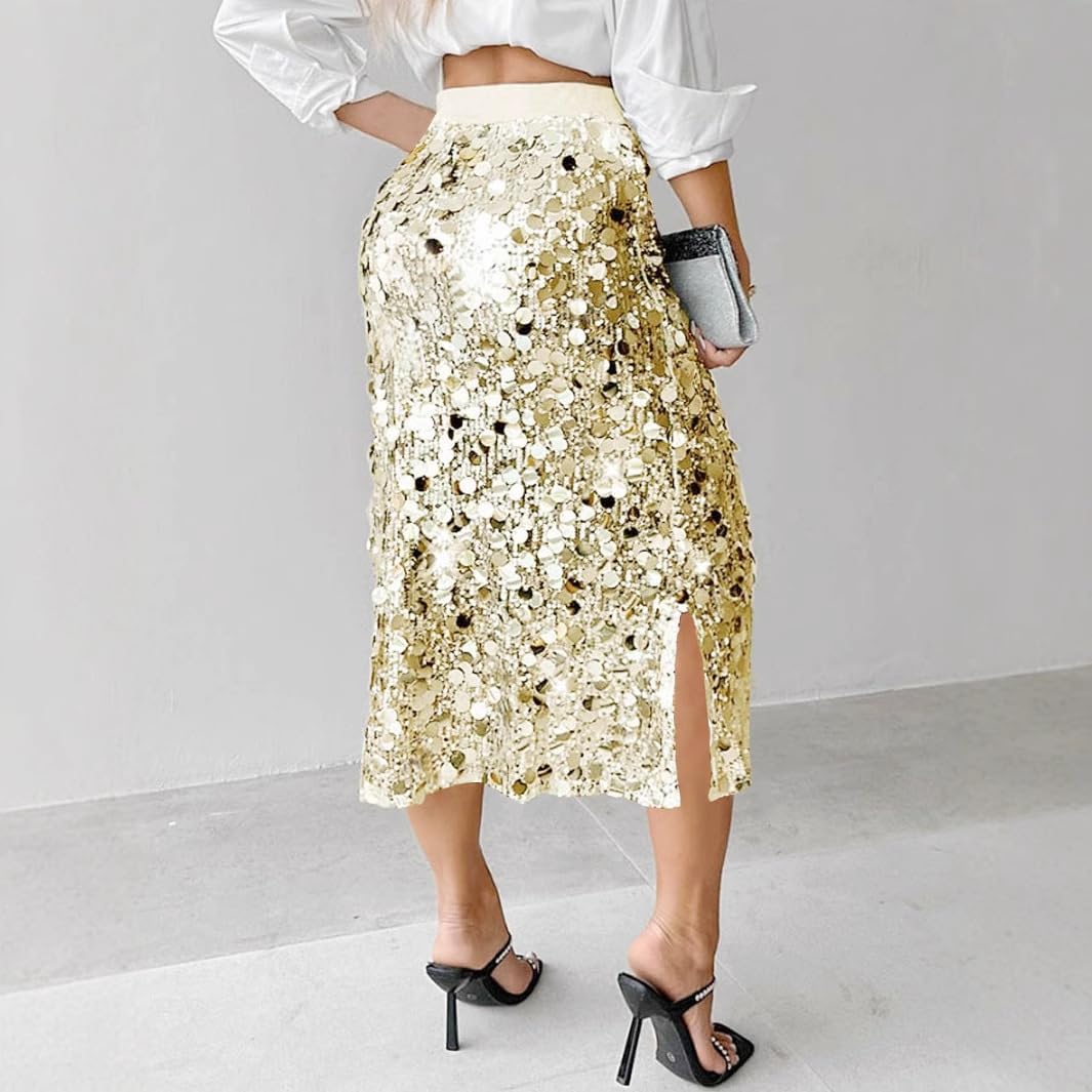 Women's Sequin Skirt, A Line Women's High Waist Stretchy Shiny Sequin Bodycon Long Skirt for Evening Party