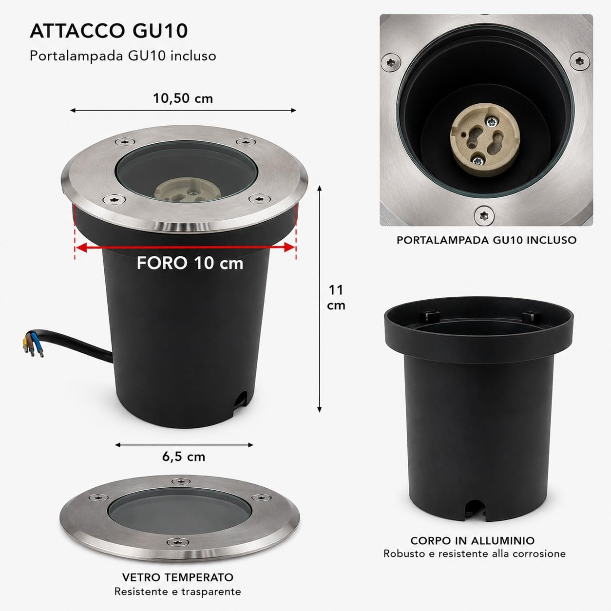 Partenopea Kit 10 Faretti Segnapasso LED Calpestabili 10W 230V GU10 da Incasso IP65 Impermeabili Acciaio Inox per Esterno Viali Giardino Sentieri Pavimento Carrabile Illuminazione Outdoor