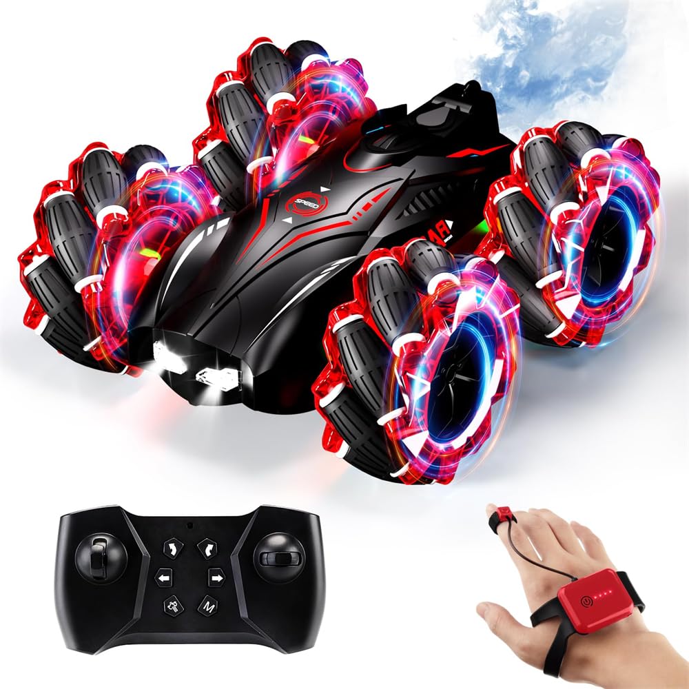 Azonee RC Gesture Sensing Stunt Car, 2.4GHz 4WD Remote Control Car with Cool Light, Double Sided Rotating Off Road Vehicle 360° Flips Cars, Outdoor Toys Car for Kids Birthday Gifts (Red)