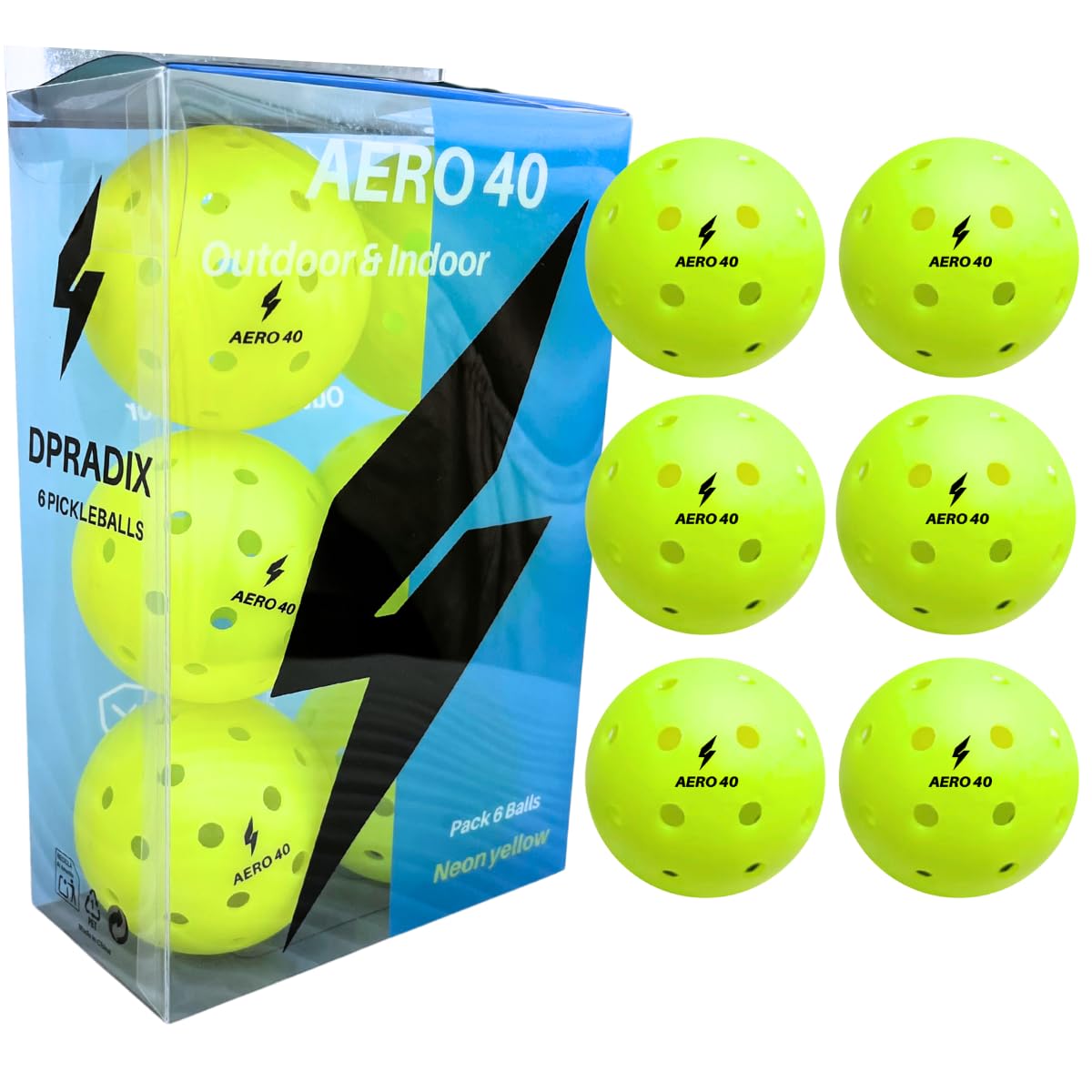 Bolas de Pickleball Dpradix AERO 40 - Pack 6 Pelotas Amarillo Neón, Marca Española, Alta Visibilidad, 40 Agujeros, 74 mm, Peso Óptimo 26g, Alta Durabilidad, Rebote Consistente, Uso Exterior e Interior