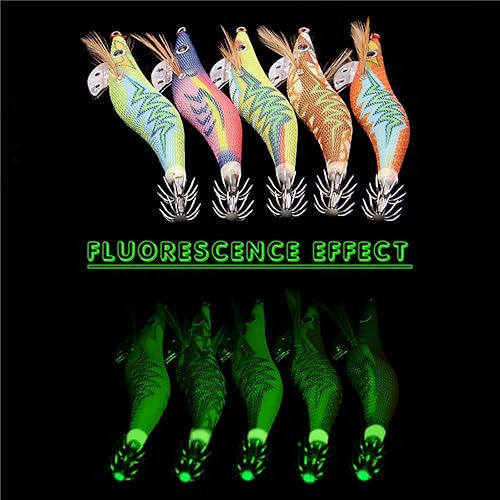 Miniatura 6 de Cebo luminoso de pesca de calamar con alambre de acero, kit de líder de 15 piezas de agua salada de madera para camarones anzuelo de pulpo, sepia y