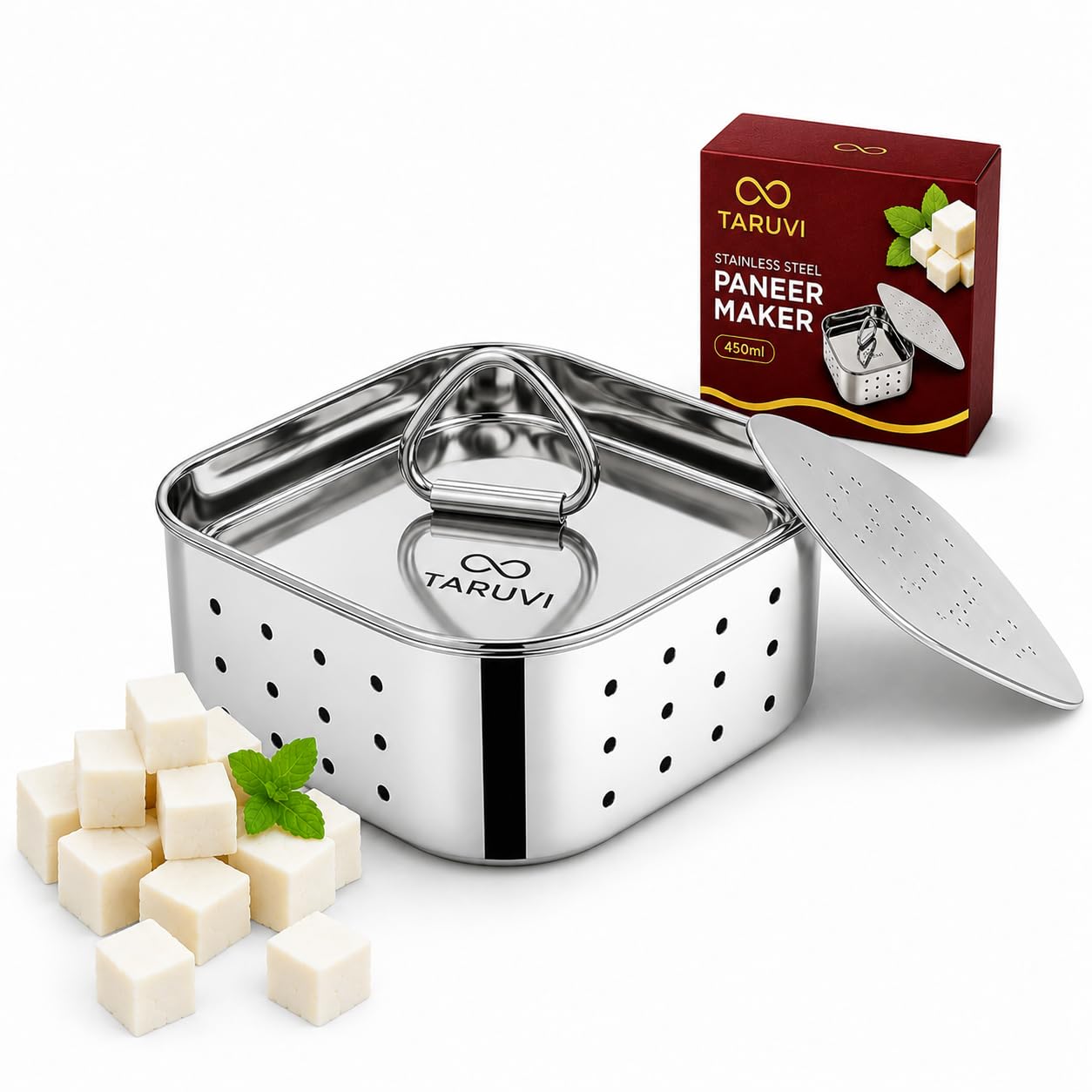TARUVI Stainless Steel Square Paneer Maker | 450ml Paneer Mould Press with Lid & Base Plate | Food-Grade Rust-Free Paneer Strainer | Homemade Paneer, Tofu & Cheese Maker