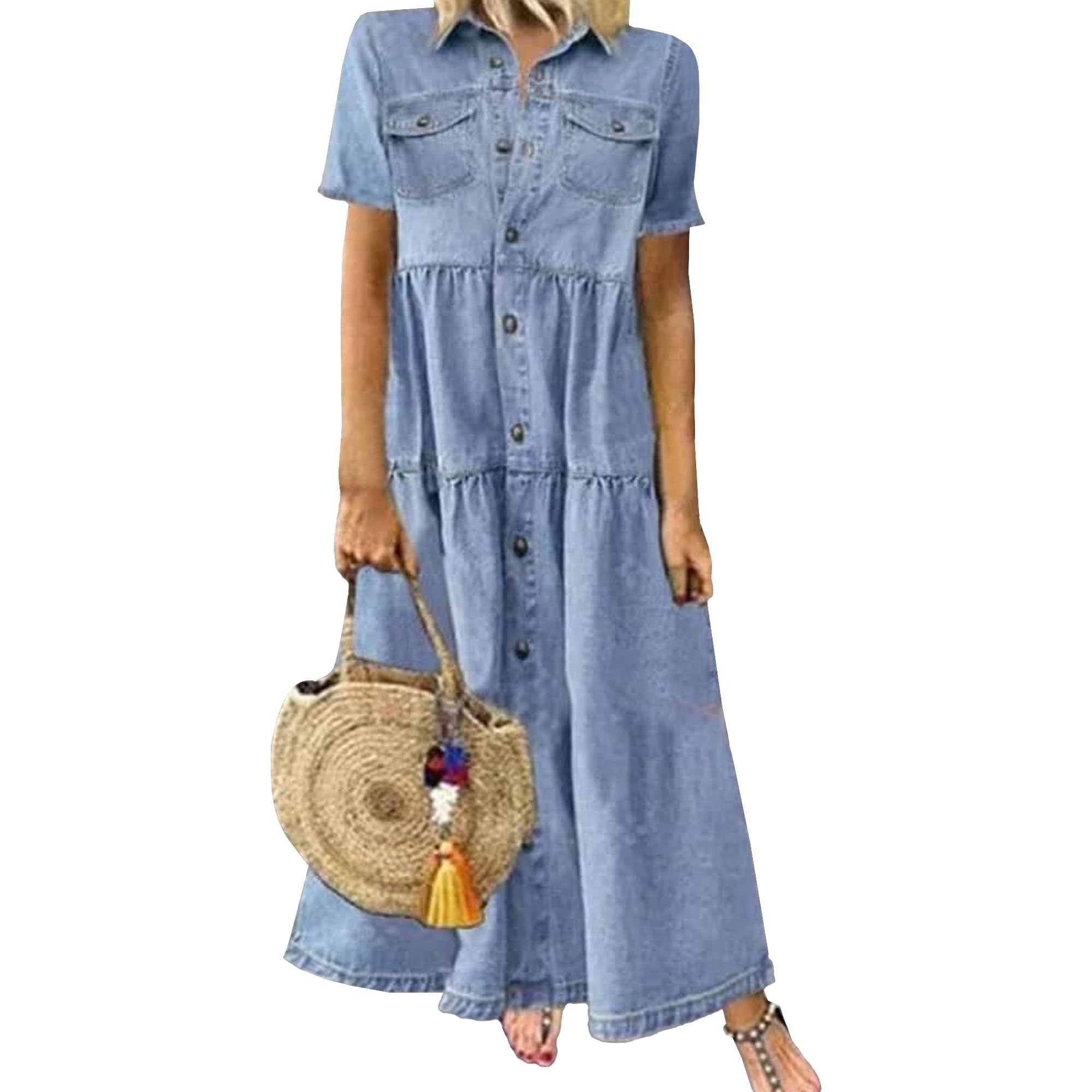 Women's Vintage Denim Dresses Casual Loose Long Distressed Jean Sundress Summer Short Sleeve Button Shift Dress (XX-Large,Light Blue)