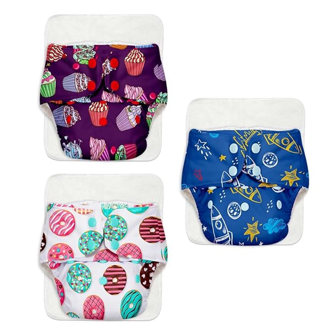 Superbottoms Certified Soft Fleece Lined Pocket Diaper with 3 Wet Free Insert with Snaps, One Size (Pack of 3)