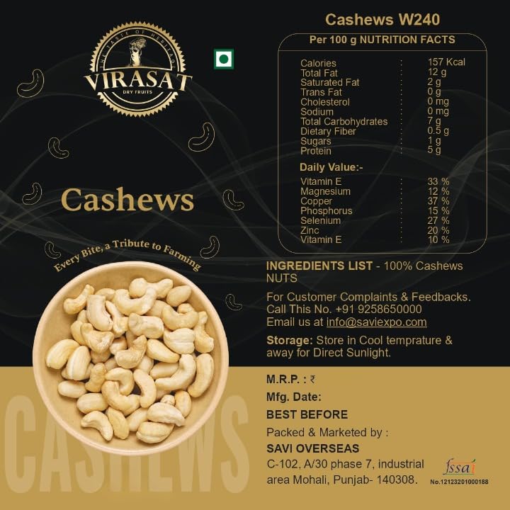 Image of Pure Premium Cashew | Whole Cashews kaju 250 GM| Cashew Nuts Healthy Dry Fruits, High Protein Ideal Dry Fruits for Healthy Snacks and Diwali Gifts.