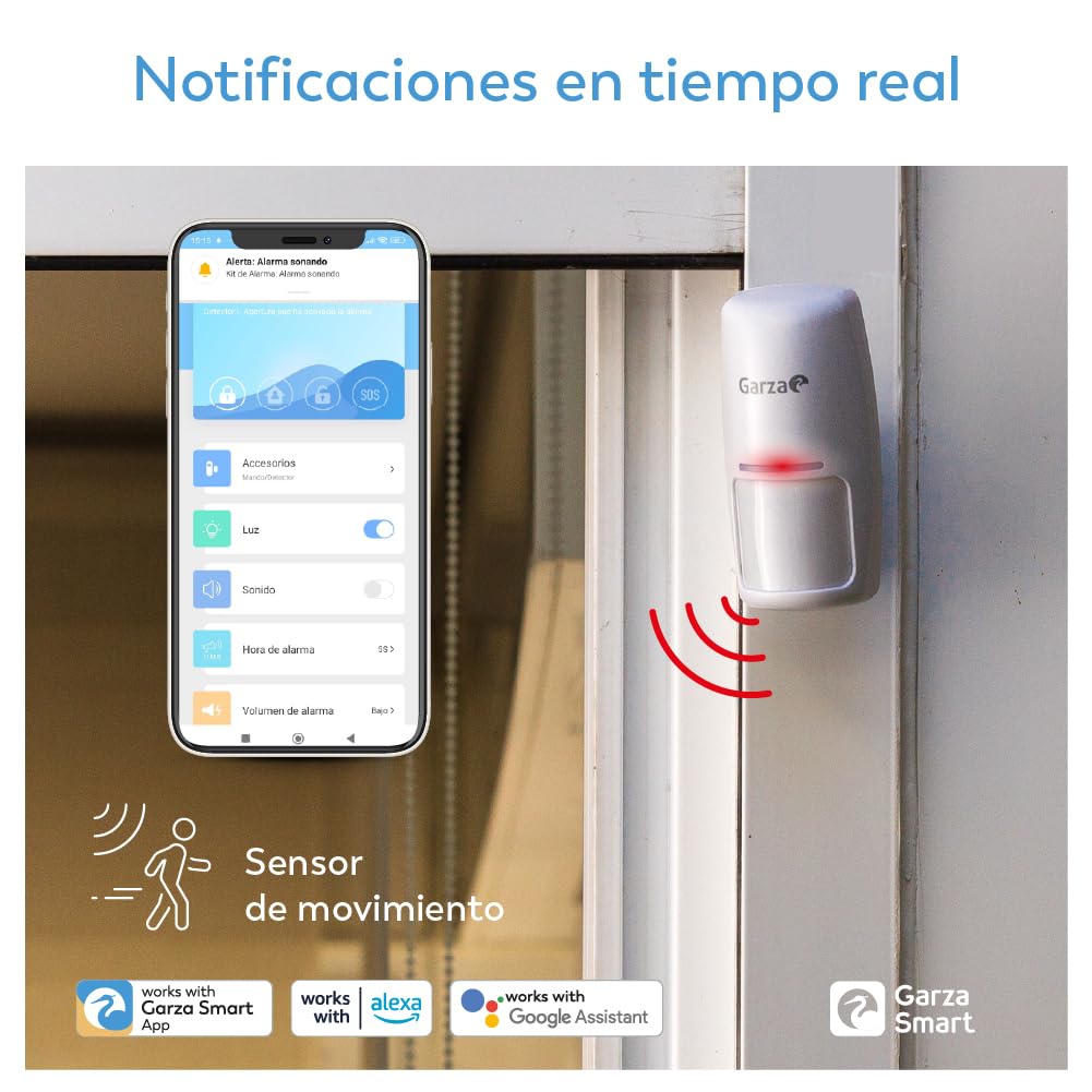Garza Smart - Kit Sistema de Alarma Inteligente Wifi para el hogar, Sirena 120 dB, Sensor Movimiento y Apertura de Puertas/Ventanas, Alarma sin cuotas, Wifi 2,4 GHz, Control remoto a través de app