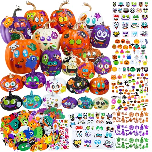 Winlyn 48 Sets Halloween Pumpkin Decorating Stickers Kit - Funny Face Jack-O'-Lantern Glitter Arts and Crafts for Kids Classroom Activities Art Projects Party Favors