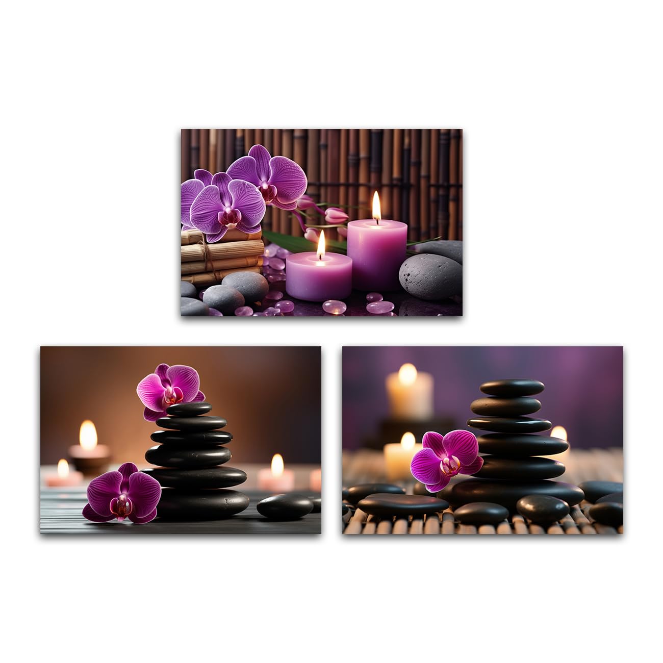 LMYSXAOZ Zen Wall Art Bathroom Decor 3 Panels Purple Orchid Candle and Stones Canvas Prints Meditation Painting for Yoga Spa Framed (Zen-1, 20.00"x28.00"x3P)