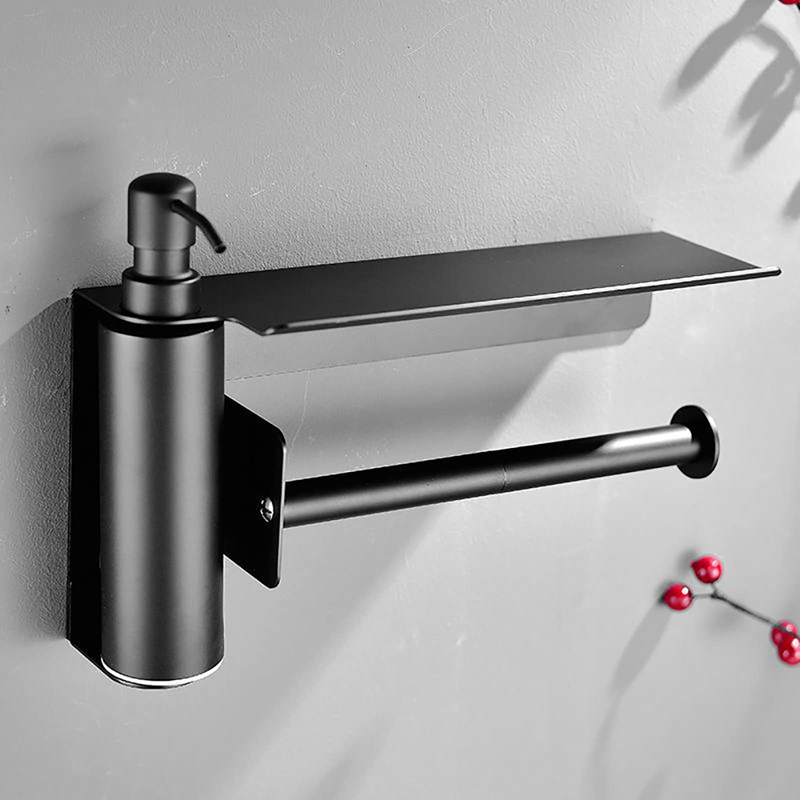 Portarrollos Papel Higienico, Porta Rollos de Papel Higienico Aluminio, Portarollos Papel Higienico Adhesivo con Espacioso Estante y Dispensador Jabon Baño, Multifunción Negro Mate
