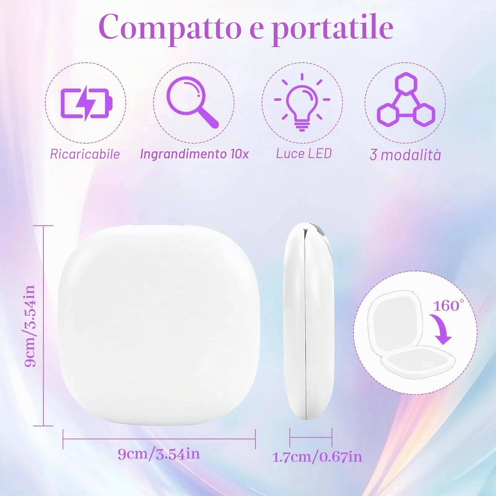 Collazoey LED Specchio Ingranditore, 1X/10X Specchietto da Borsetta, Chargement par USB, 3 Luci Regolabile Portatile Specchio da Viaggio, Interruttore Magnetico Pieghevole Piccolo Mirror (Bianco)