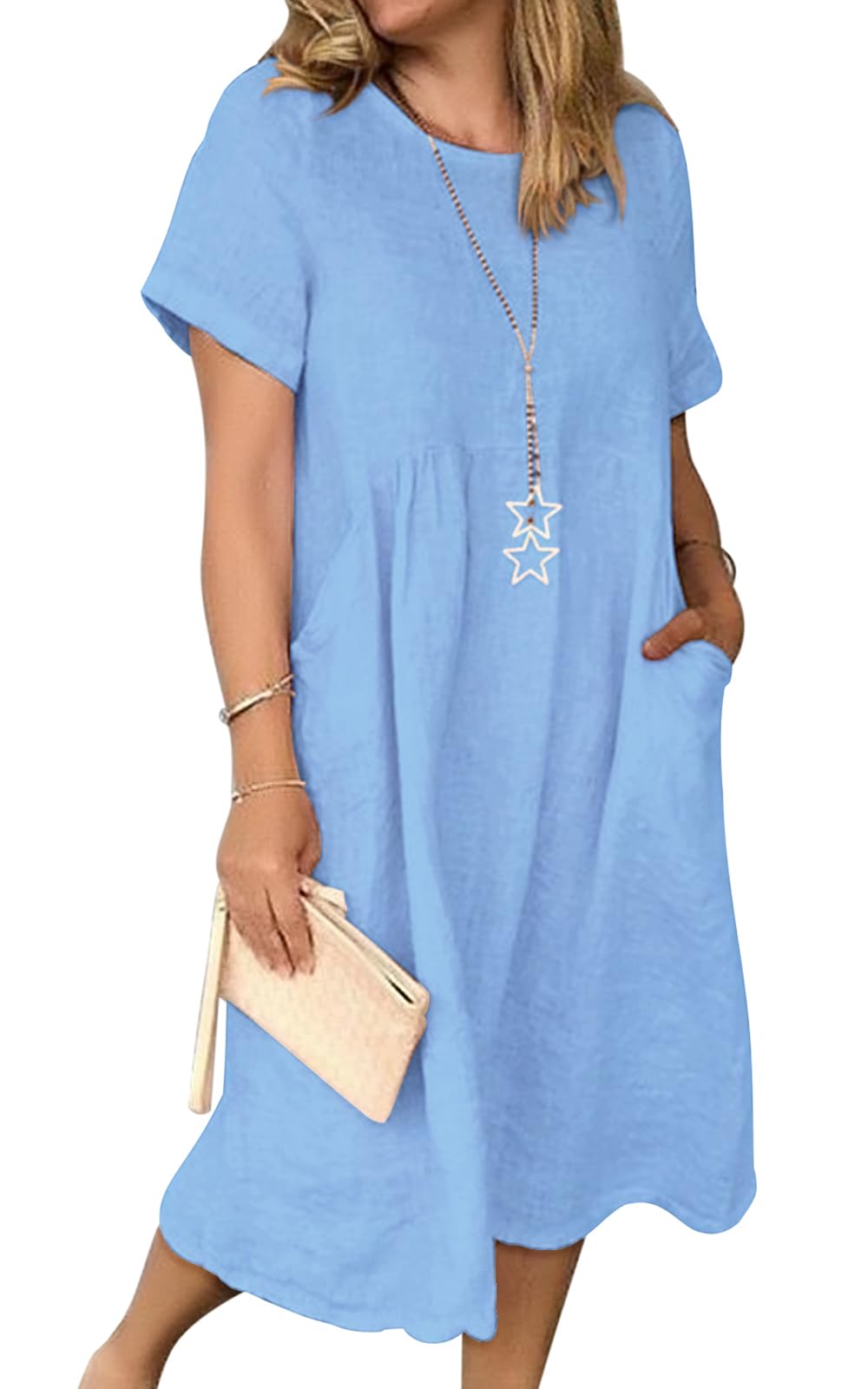 Abito estivo da donna in lino, casual, con scollo a V, a maniche corte, linea ad A, senza accessori, E blu., M