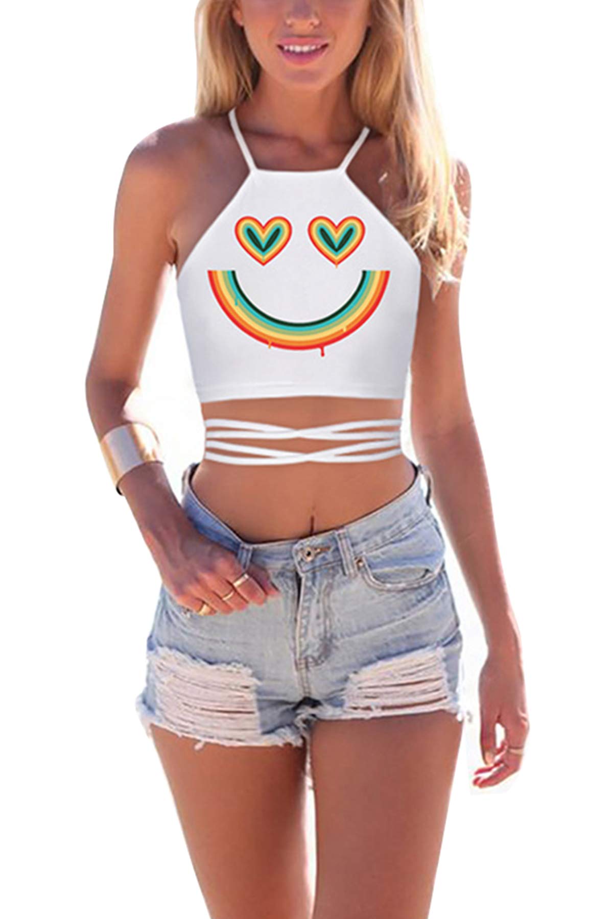 JOXJOZ Women's Summer Rainbow Printed Halter Neck Criss-Cross Boho Bandage Tank Camis Crop Top Vest