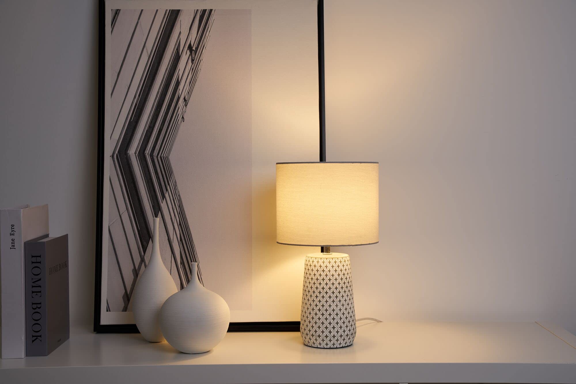 Pauleen 48215 Pretty Purity lampada da tavolo max. 20 Watt realizzata a mano bianco, grigio luce da comodino look naturale tessuto, calcestruzzo E14