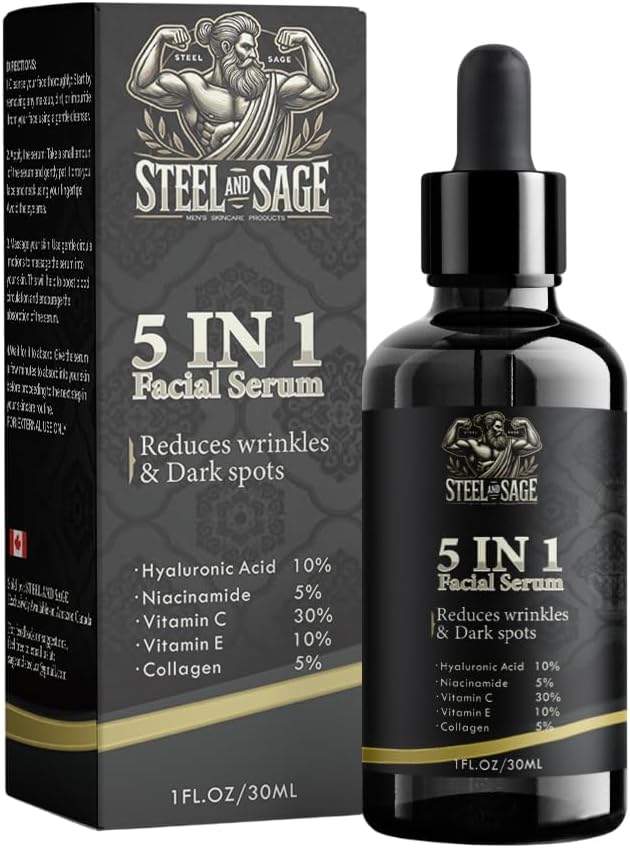 Steel & Sage 30% Vitamin C Anti-Aging Facial Serum for Men, 5-in-1 Formula with Hyaluronic Acid, Niacinamide, Collagen & Vitamin E, 30mL – Reduces Wrinkles & Dark Spots – Visible Results in 2 Weeks. Steel & Sage 30% Vitamin C Anti-Aging Facial Serum for Men, 5-in-1 Formula with Hyaluronic Acid, Niacinamide, Collagen & Vitamin E, 30mL – Reduces Wrinkles & Dark Spots – Visible Results in 2 Weeks.