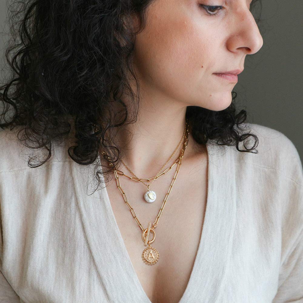 Gold Layered Initial Necklaces for Women, 14K Gold Plated Dainty Layering Paperclip Link Chain Necklace Personalized Toggle Clasp Coin Initial Pendant Layered Necklaces for Women Gold Jewelry