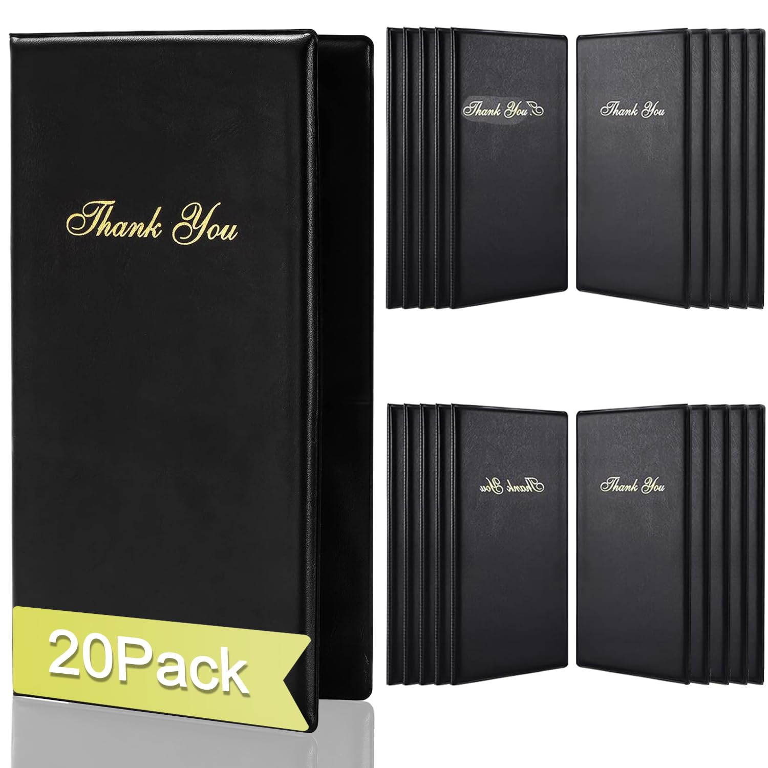 20 Pack Check Presenters for Restaurants 10"x5.5" Checkbook Presenters for Servers PVC Leather Guest Check Card Holder with Gold Thank You Imprint Black Guest Checkbook for Restaurants Cafe Bar Eatery