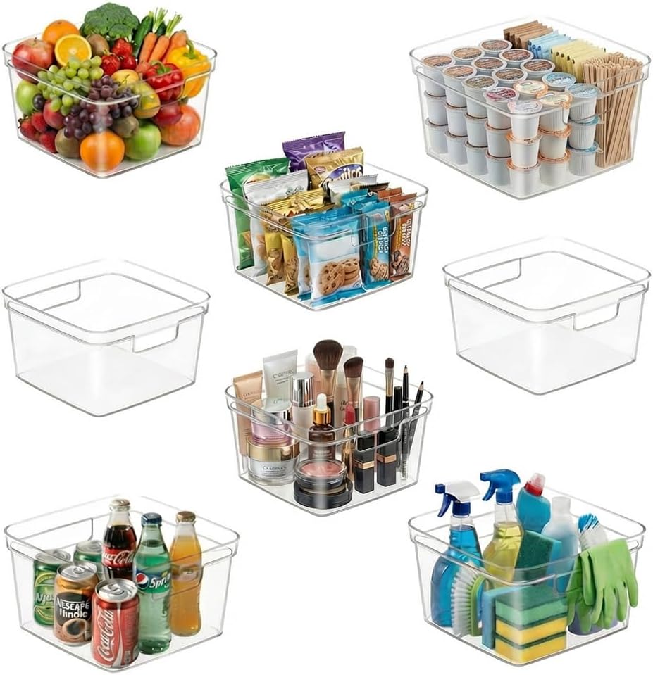 MOONEDGE 8-Pack Clear Cube Storage Bins, 10x10 Open-Top Plastic Organizer Boxes, Square PET Containers for Closet,Pantry,Kitchen,Fridge,Playroom,Bathroom,Undersink and Whole Home Organization