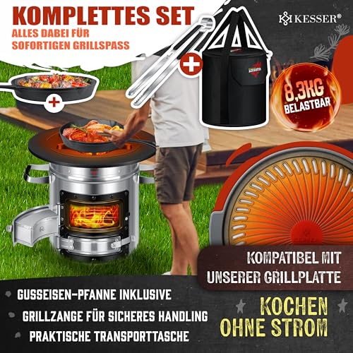 KESSER® Raketenofen mit Grillpfanne aus Gusseisen | inkl. Grillzange & Tragetasche | Dutch Oven 6 integrierte Spikes | BBQ Rakete Holzofen | Camping Outdoor-Campingkocher | Campinggrill Edelstahl