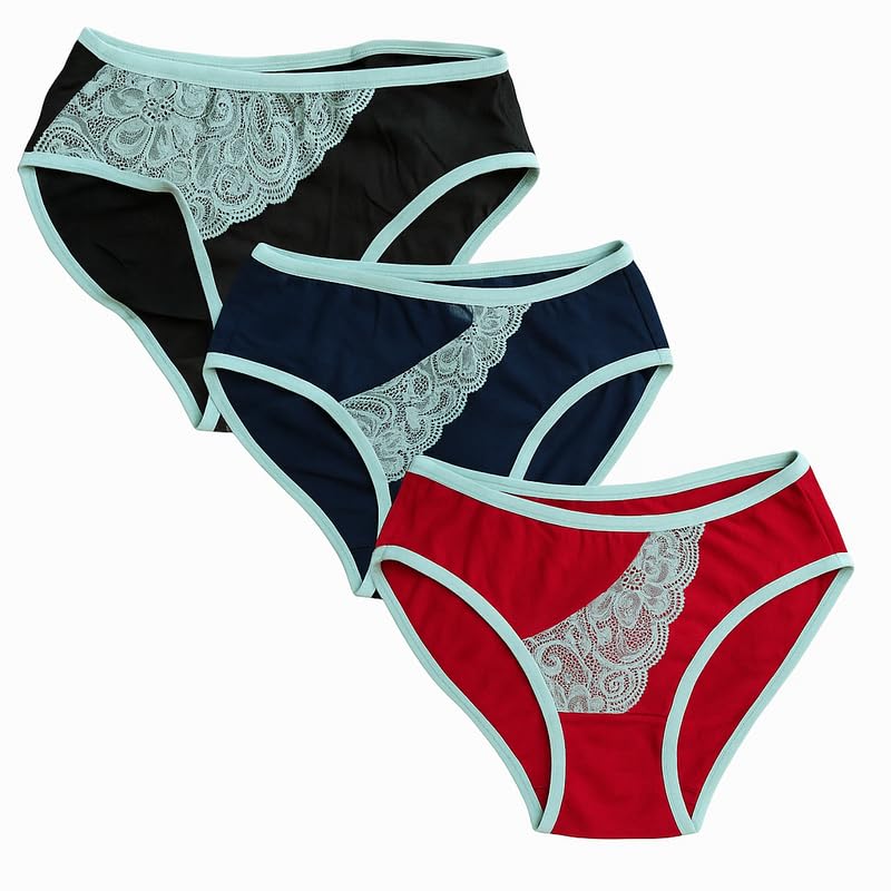 Women's Cotton Bikini Panties with Lace Side Panel – Comfortable Mid-Rise Underwear – 3 Pack (Multicolor)-picture-38