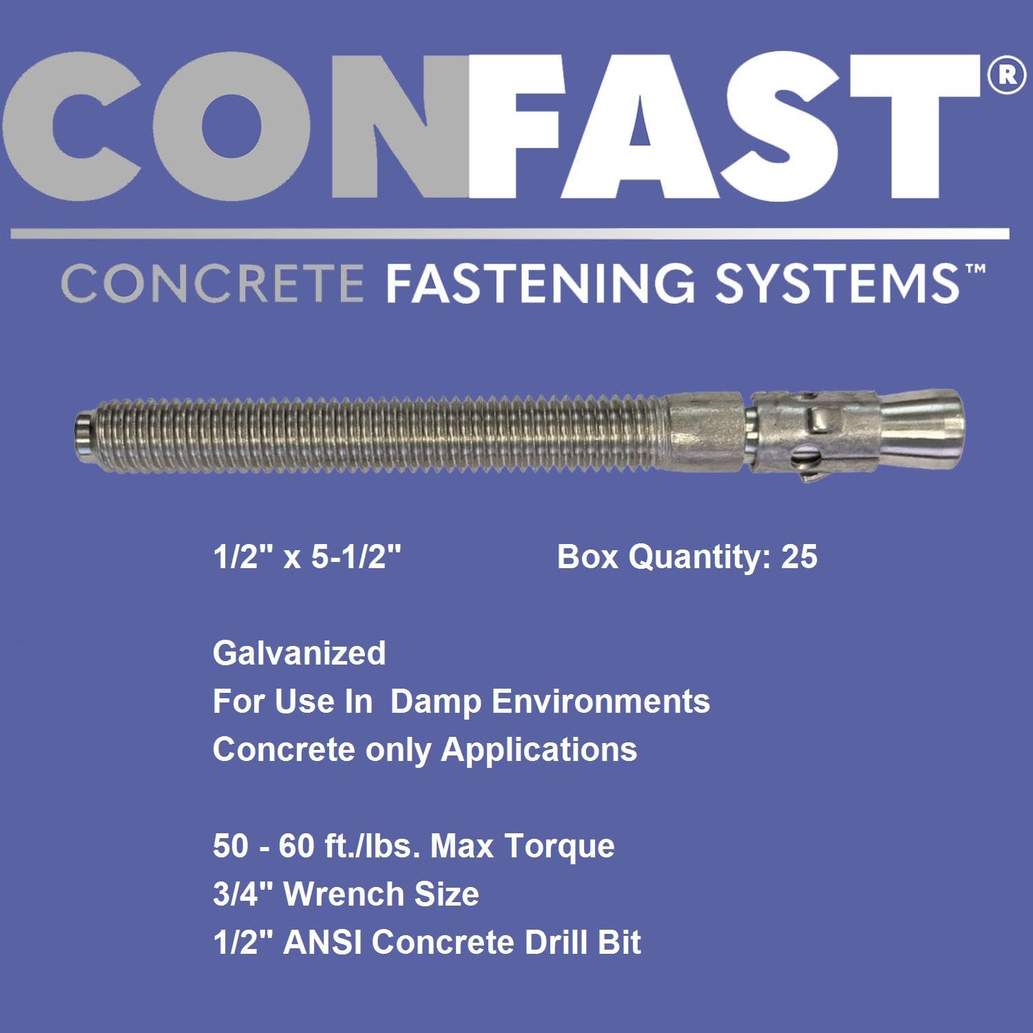 Confast 1/2" x 5-1/2" galvanizado anclaje de cuña (caja de 25)