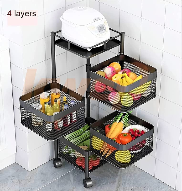 Image of KWER Metal Portable Kitchen Square Trolley with Wheels Onion Basket, Storage Organizer Accessories for Items & Vegetable, Black, Layer 4