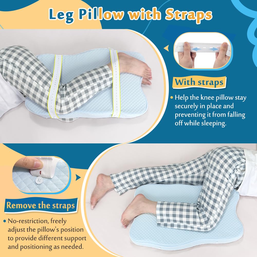 Almohada de rodilla para personas que duermen de lado con correa, almohada de cuña entre las piernas para aliviar el dolor y alineación de la columna vertebral, almohadas de apoyo para la