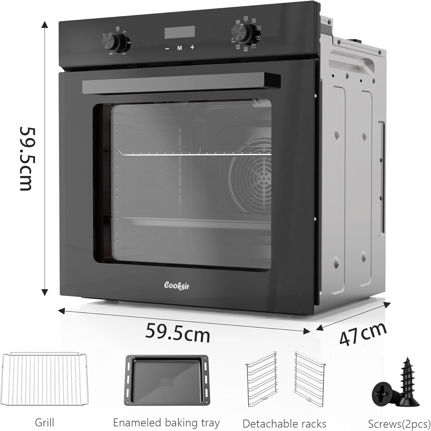 60cm Einbaubackofen 60 Liter 2800W 9 Funktionen Drehknopf Timer 10h Doppeltes Oberrohr Ventilator 230V