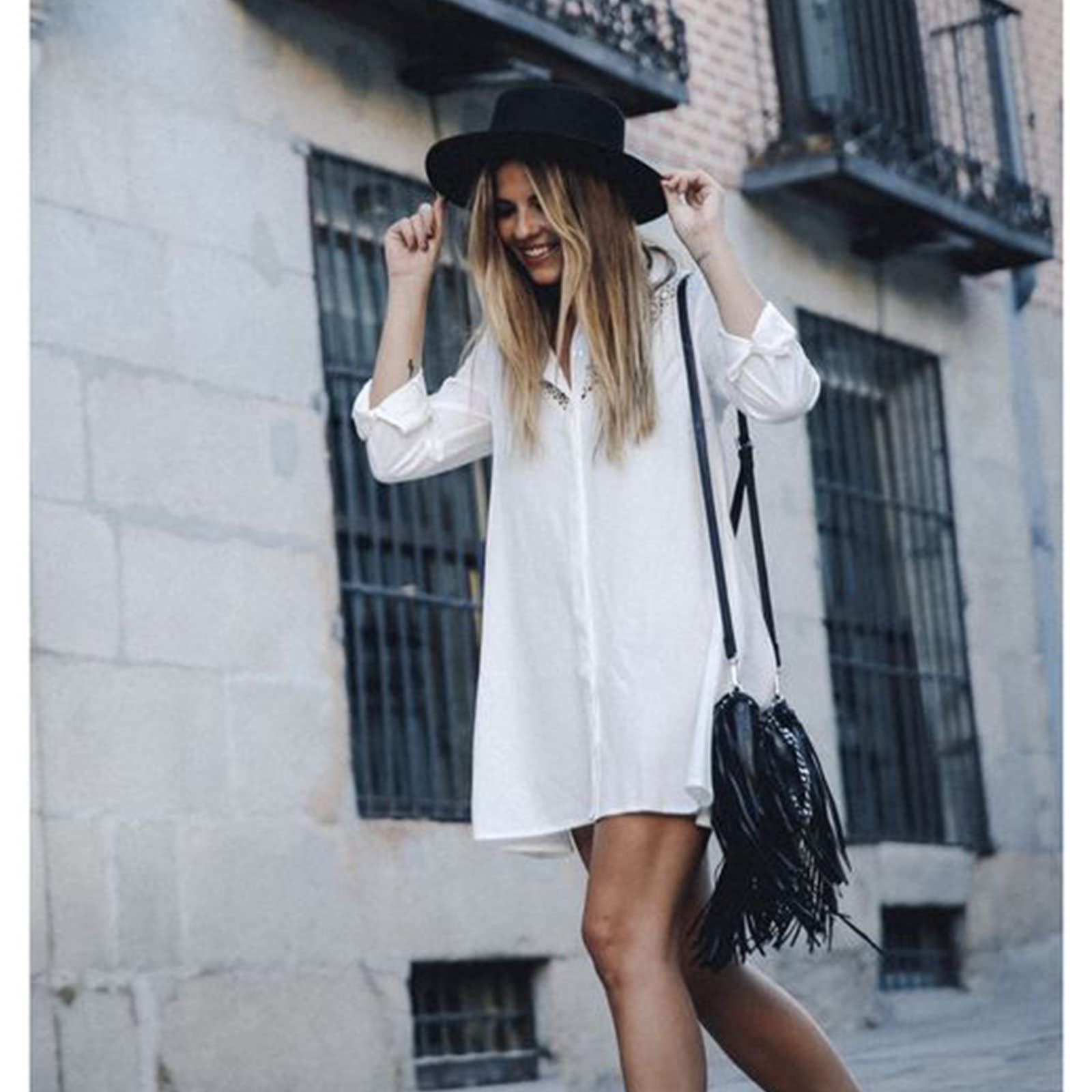 DRESHOW Sombrero de ala ancha Fedora para mujer Hebilla de cinturón Retro Panamá Floppy Hat