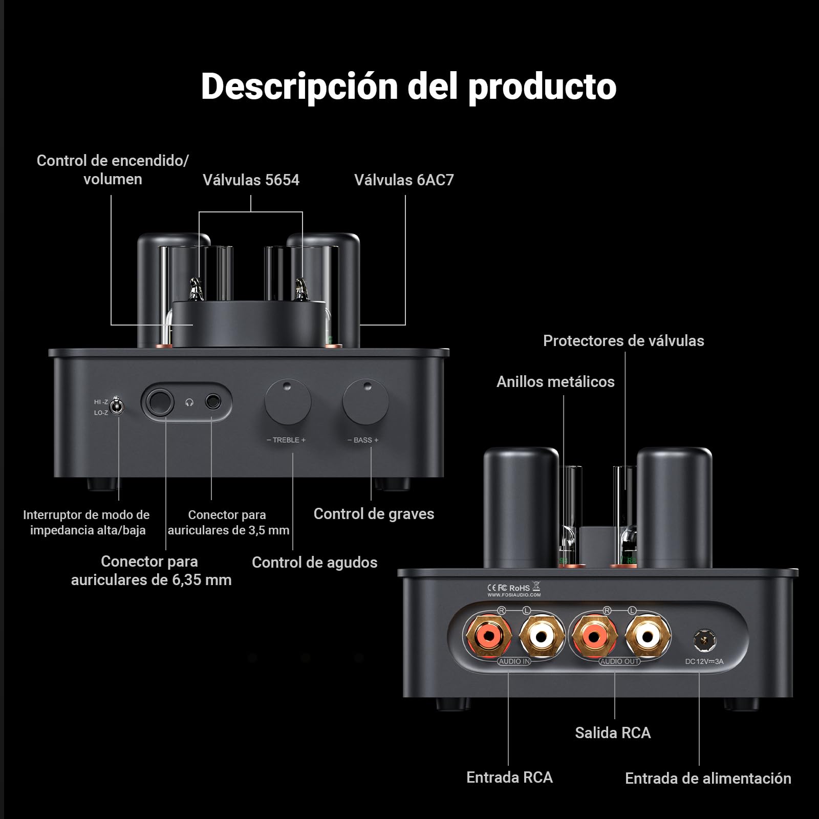 Fosi Audio GR70 Preamplificador de Auriculares, Auténtico Amplificador a Válvulas con Vacío 5654W*2 y 6AC7*2, Mini Preamplificador HiFi para Audio Doméstico, Compatible con Impedancia de 16-300 Ohmios