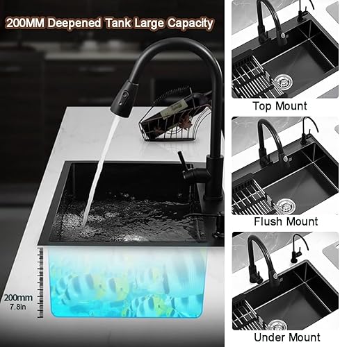 Miniatura 12 de Fregadero de cocina negro con caída en el fregadero de acero inoxidable con 3 agujeros, fregadero de estación de trabajo de montaje superior, lavabo