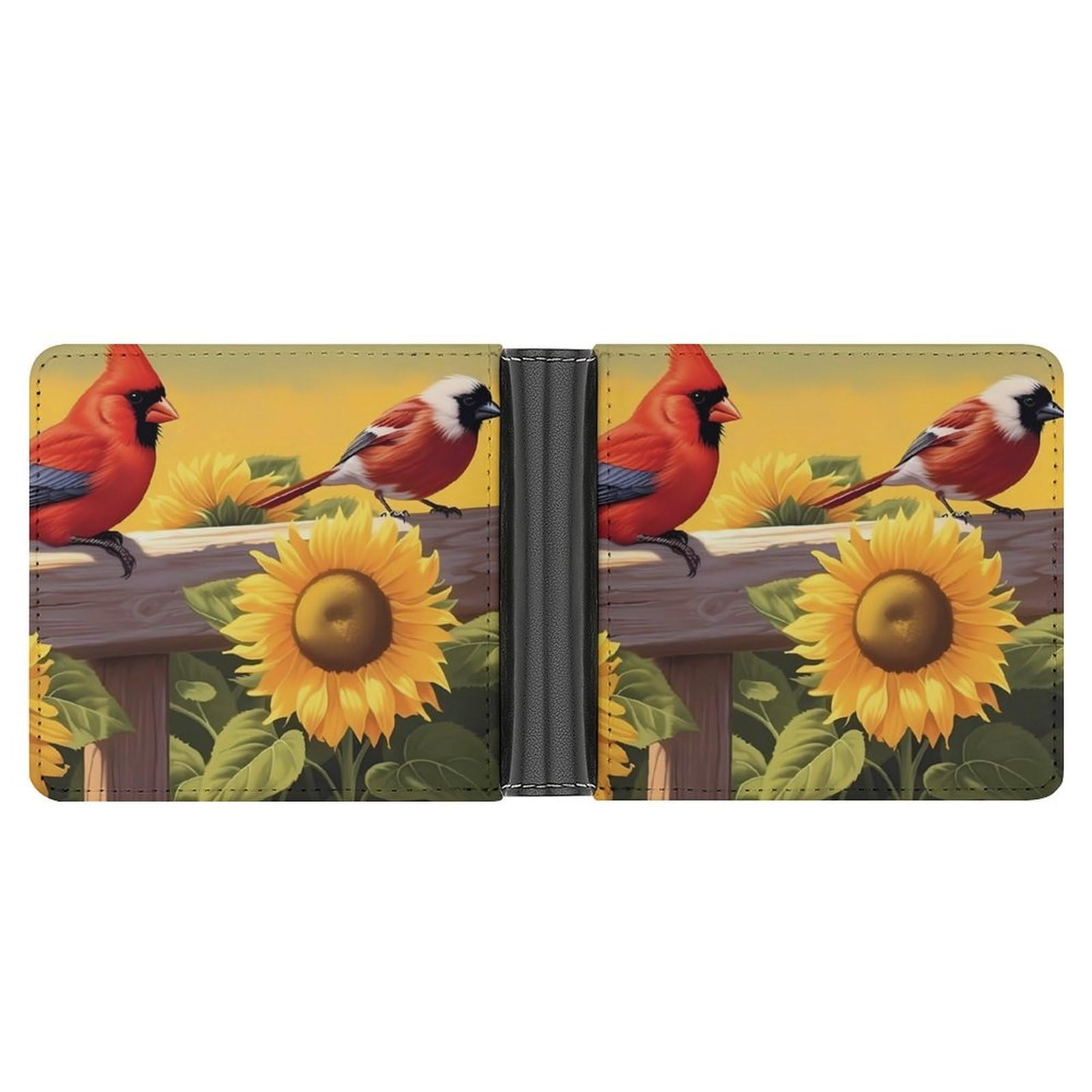 Rustic Sunflowers Floral Cardinal Birds Funny Men's Slim Bifold Wallet with Multiple Card Slots Front Pocket Purse