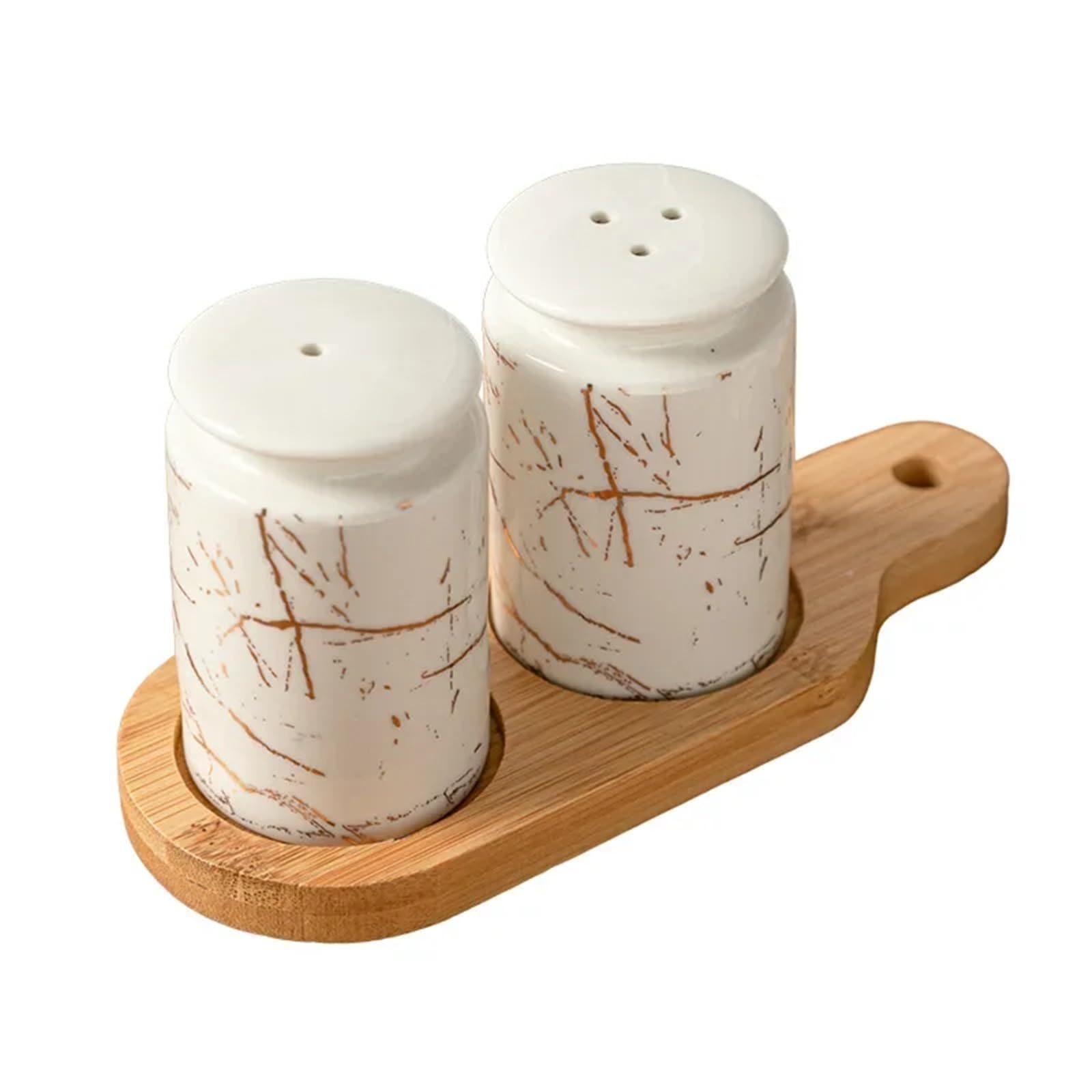 SHBHWS Ceramic Jar Seasoning Bottle Marble Pattern Salt And Pepper Shakers Wood Tray Container Wedding Party for Kitchen Restaurant