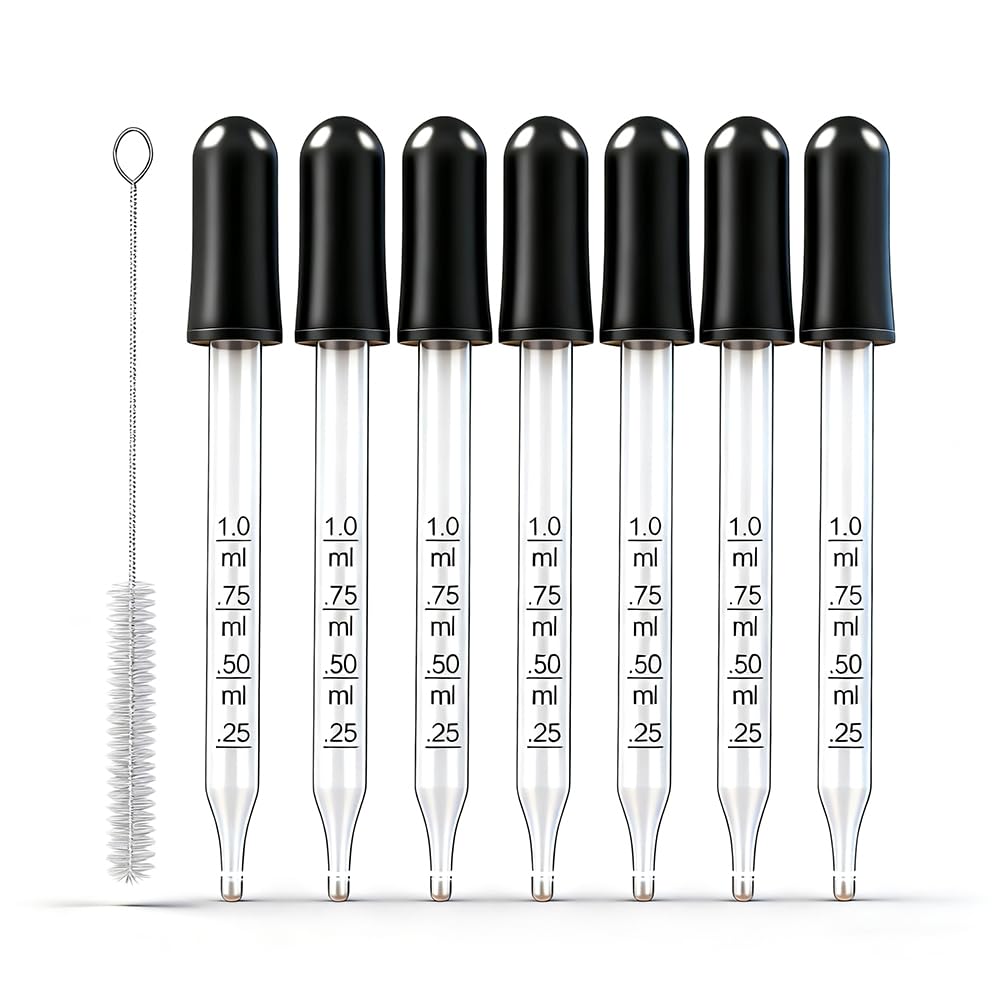 Eye Dropper Set for Essential Oils,8Pcs 1ml Pipettes Dropper with Black Rubber Head, Calibrated Thick Glass Medicine Dropping Pipettes for Liquid, Straight-Tip