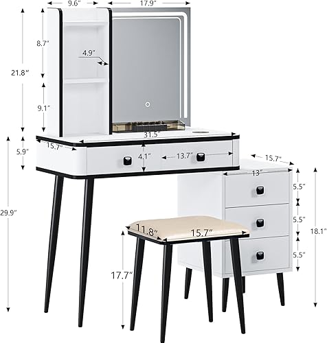 Miniatura 2 de SDHYL Juego de escritorio de tocador, tocador con espejo y luces, tocador de maquillaje con estación de carga, tocador blanco con mucho