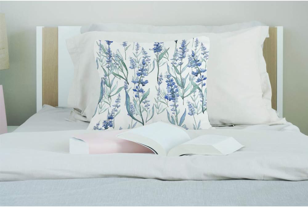 EKOBLA Lavender Throw Pillow Cover Blue Floral Wildflower Romantic Blossom Nature Leaves Cozy Square Cushion Case for Men Women Boys Girls Room Home Decor Cotton Linen 18x18 Inch - Image 3