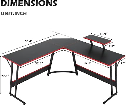 L Shaped Gaming Desk, 51 Inch Corner Computer Desk with Detachable Monitor Stand, Waterproof MDF Top & Z-Shaped Legs for Home Office/Dorm, Heavy Duty for Dual Monitors, Black