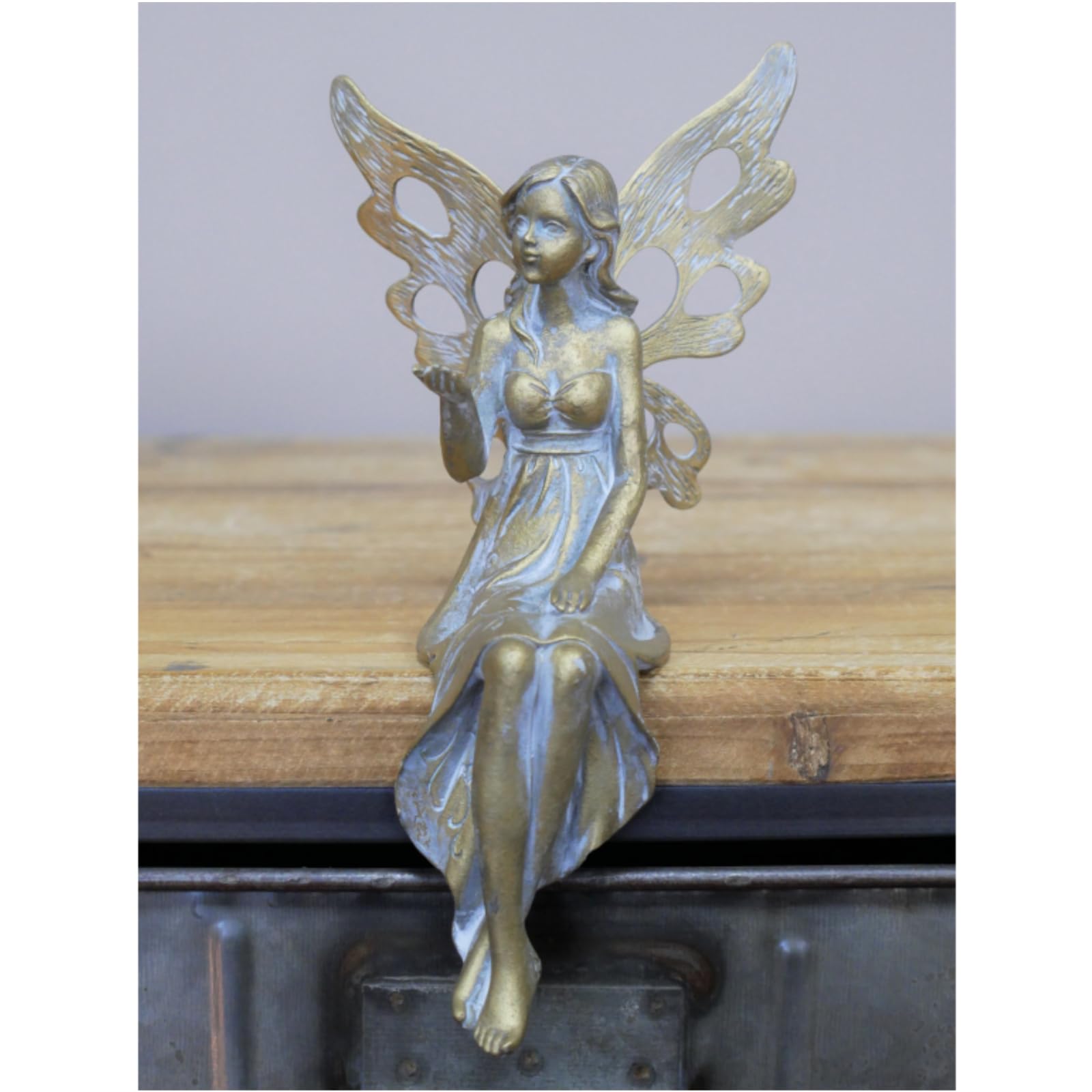 Fyne-Finds Gold Antique Resin Fairy With Metal Wings Sculpture Statue Sitting Garden Yard Home Decor Ornament