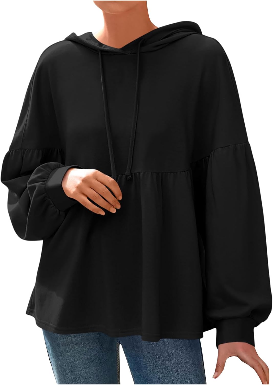 Babydoll Sweatshirts for Women Long Lantern Sleeve Drawstring Peplum Hem Loose Oversized Hoodie Pullover Tops - Image 4