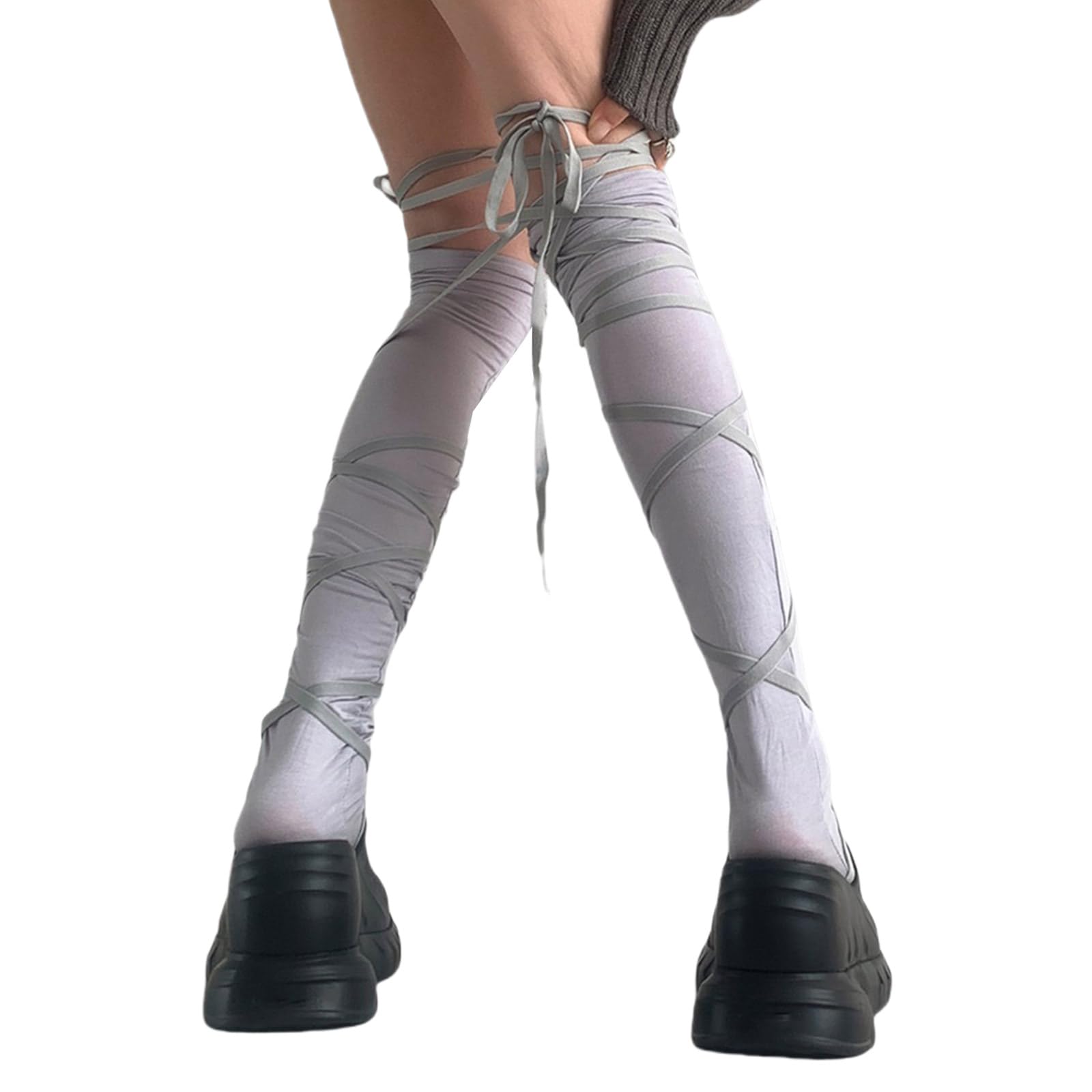 Micfeny Women's Grey Bandage Thigh Highs Socks Long Boot Stockings Over The Knee Socks Strappy Thigh High Stockings For Girls Presents