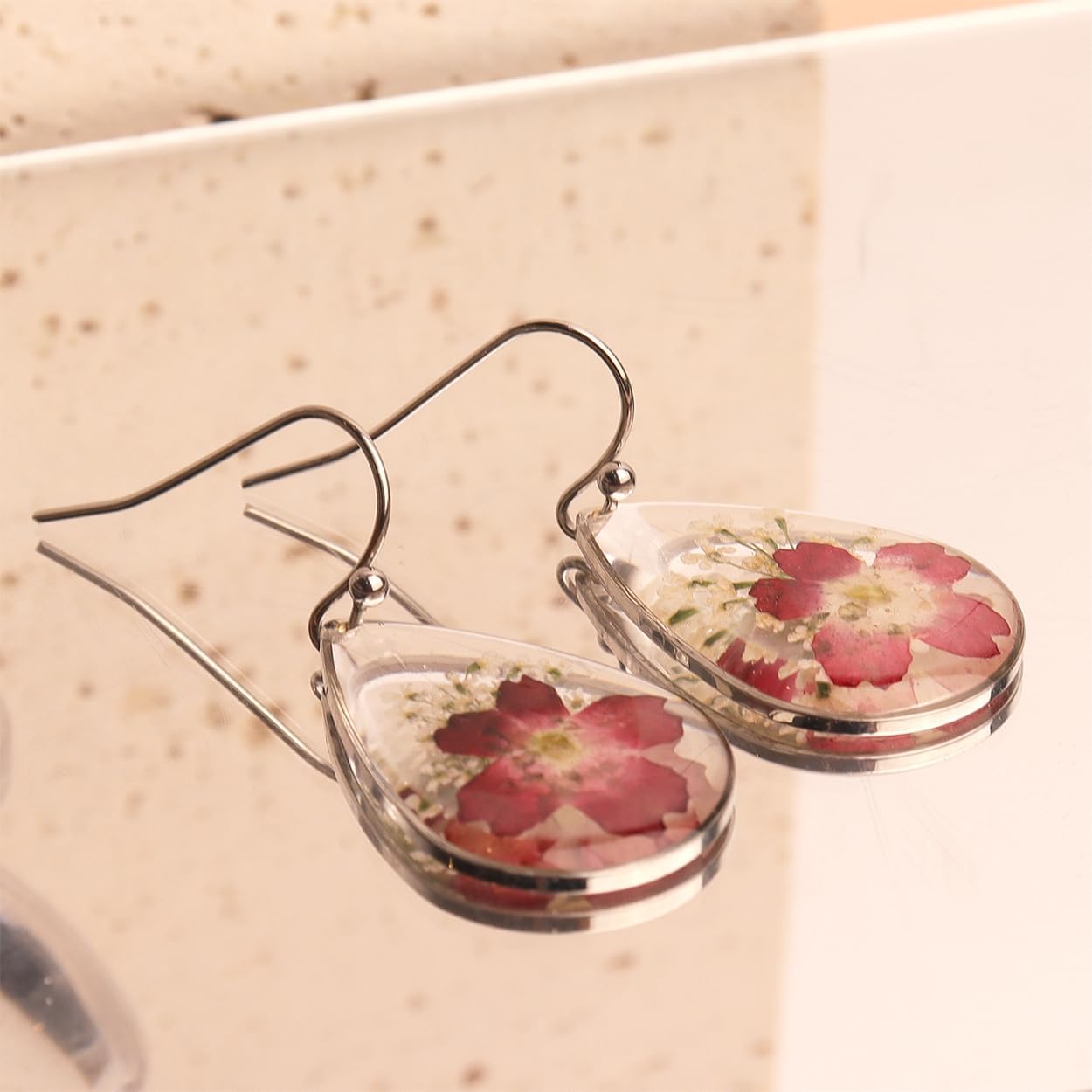 Jean Beau 925 Sterling Silver Pressed Flower Earrings for Women, Handmade Hypoallergenic Resin Dried Flower Teardrop Dangle Earrings, Nature Floral Jewelry Gift for Mom and Wife - Image 4