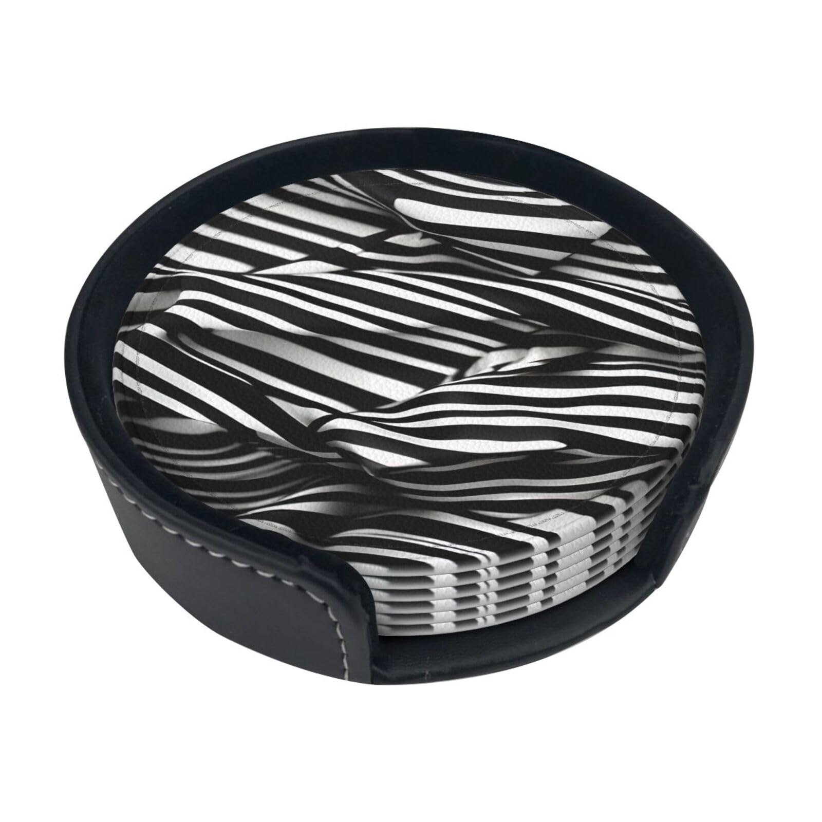 Stripes Black White Print Round Coasters Set Of 6,Coaster For Tabletop Protection Home Bar Decor