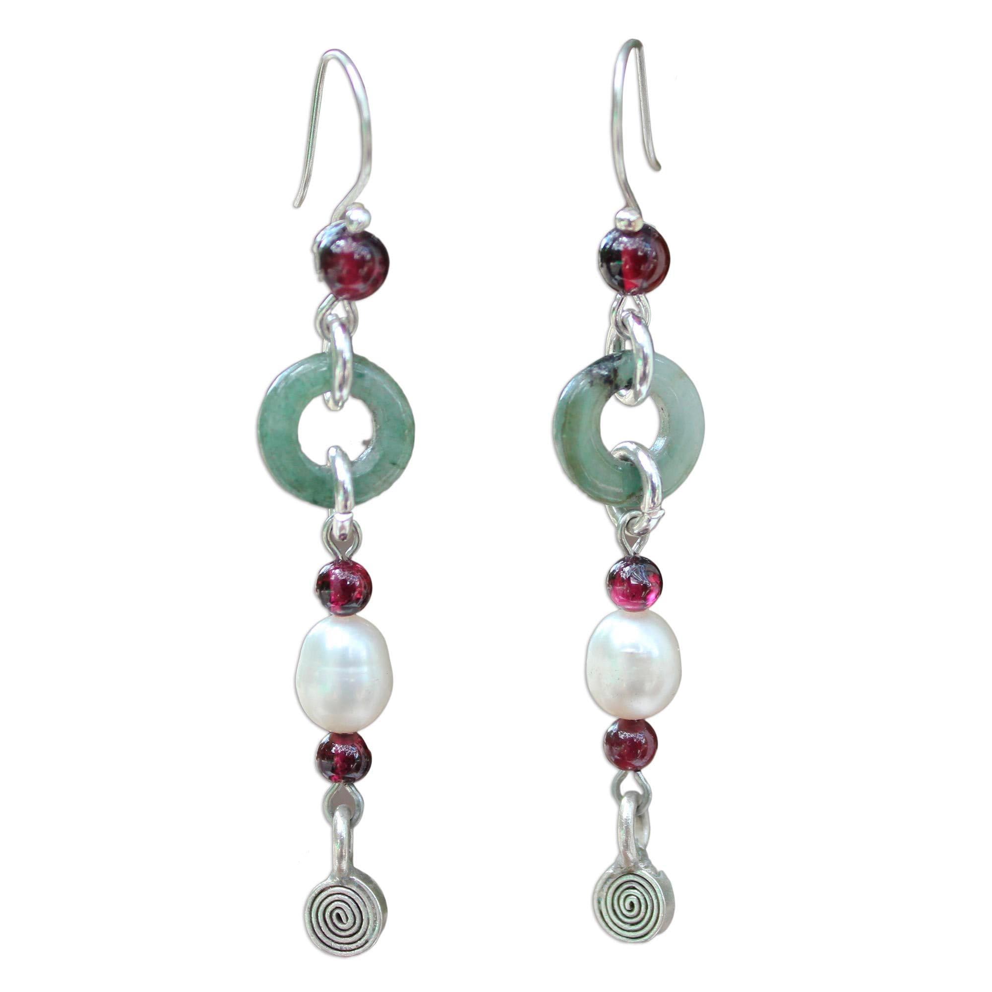 NOVICA Multi-Gem Jade White Cultured Freshwater Pearl .925 Silver Beaded Earrings