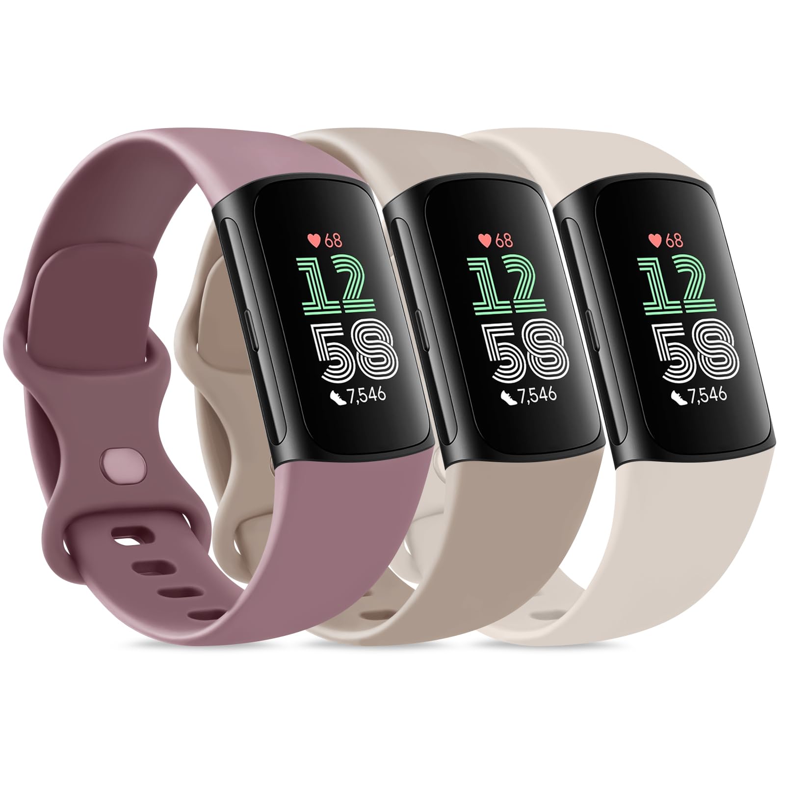 3 Pack Compatible with Fitbit Charge 5 & 6 Bands for Women Men, Soft Wristbands for Fitness Tracker (Small, Starlight/Smoke Violet/Milk Tea)