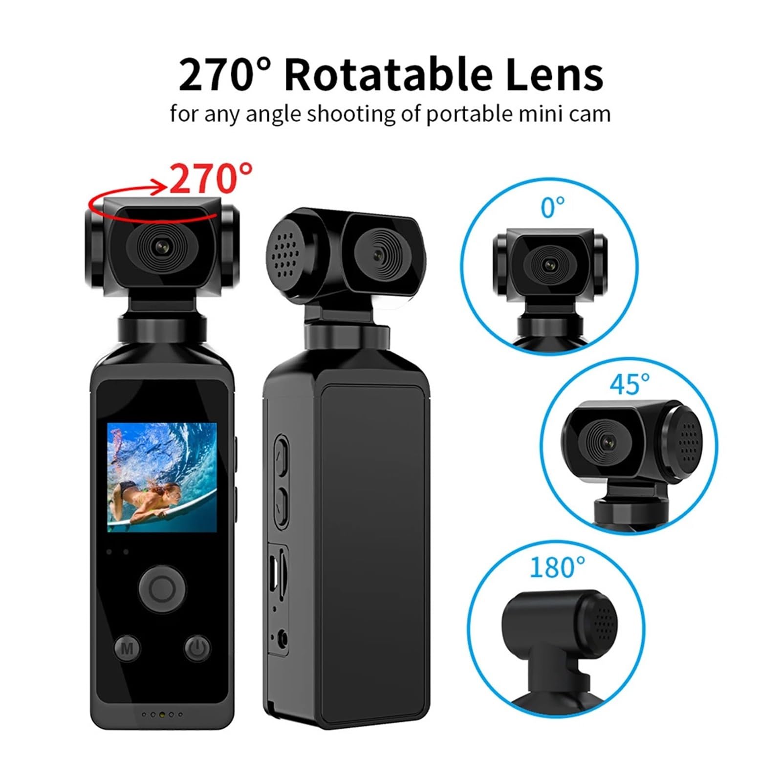 Videocamera tascabile 4K Ultra HD Girevole a 270° Vlog Wifi Mini Cam sportiva Custodia impermeabile Casco da viaggio Registratore for conducente di bicicletta