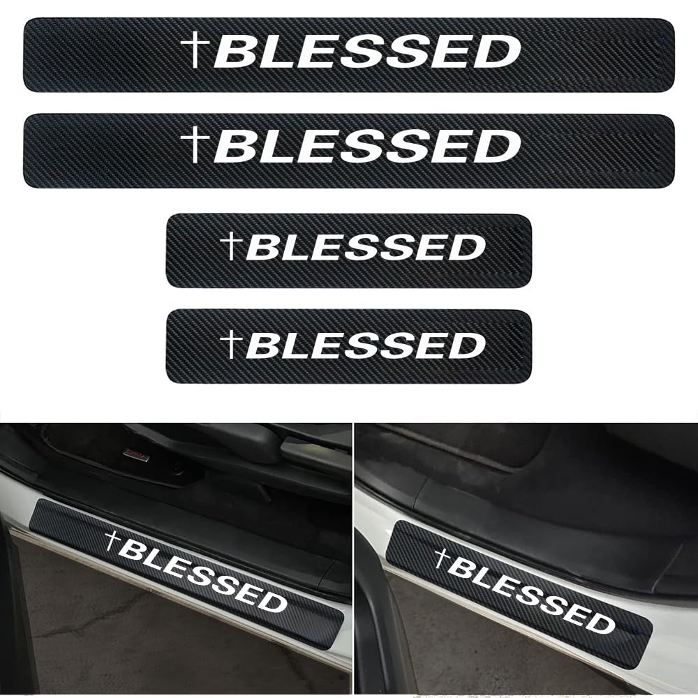 Universal Car Door Sill Protectors Blessed Car Accessories 4Pcs Carbon Fiber Vinyl Threshold Decorative Scuff Plate,Anti-Scratch, Anti-Dirty, Waterproof