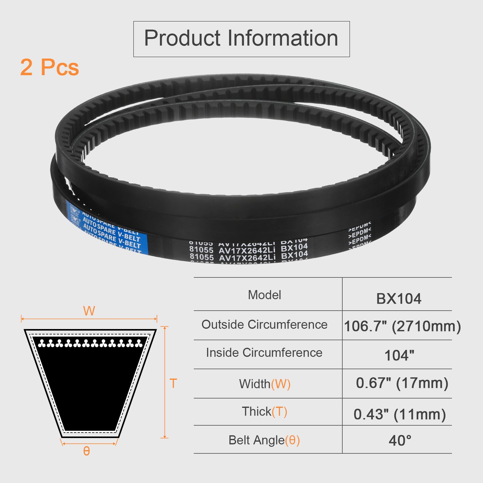 Sourcing Map Lot De 2 Courroies Trapézoïdales BX40 EPDM - 101,6 Cm Intérieur Pour Applications Industrielles